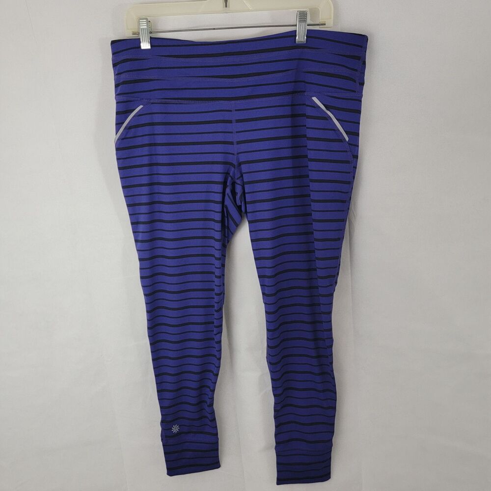 ATHLETA Womens Relay Capri Leggings Sz XL Striped PURPLE Gym Workout